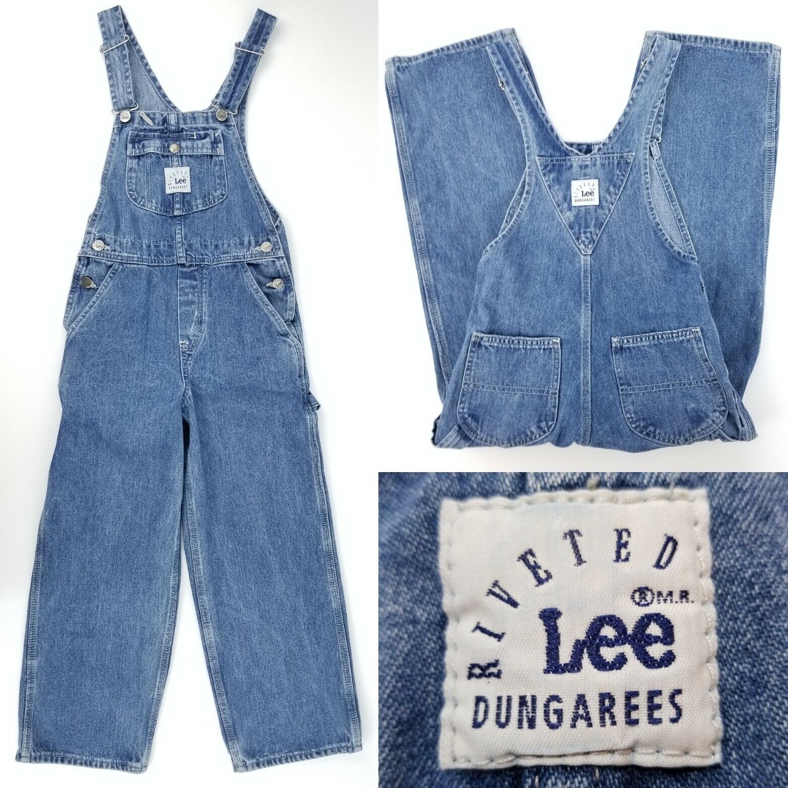 Vtg Riveted By Lee Dungarees Youth Boy Girl Small 25x22 Denim Carpenter Overalls