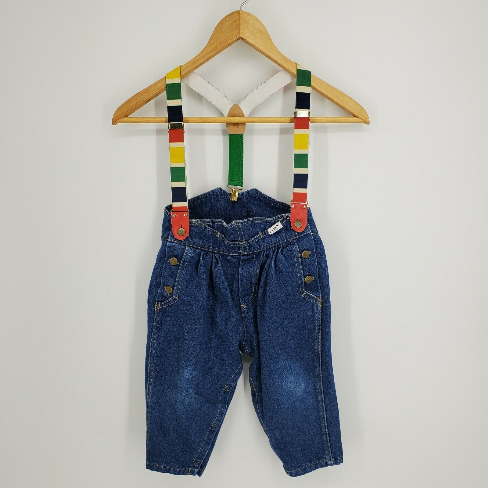 Vintage Guess Kids Suspender Bib Overalls Blue Denim Size 24m Made In Usa Rare